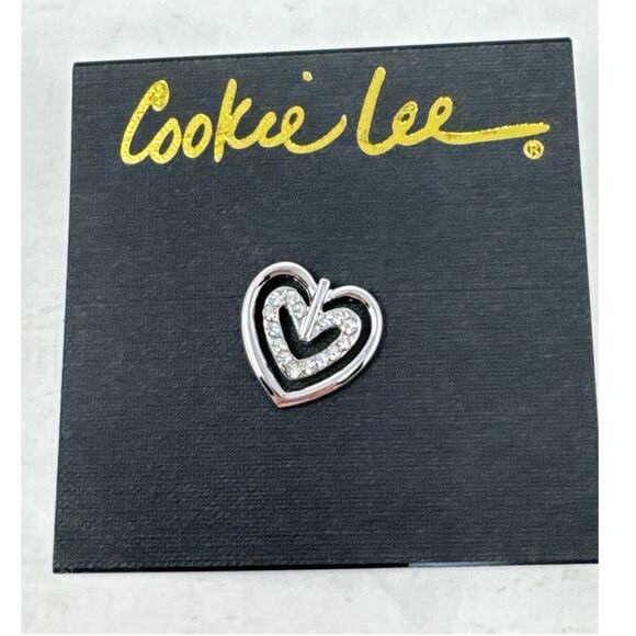 Cookie Lee Pin Double Heart Silver Crystal 3/4" Genuine Crystal Brand New - Picture 1 of 4